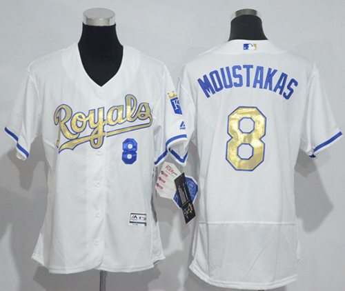 Royals #8 Mike Moustakas White Flexbase Authentic 2015 World Series Champions Gold Program Cool Base Women's Stitched MLB Jersey - Click Image to Close